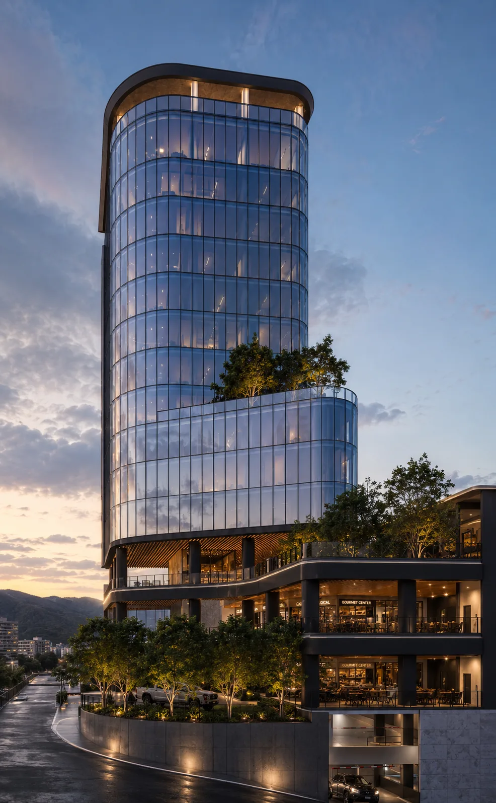 Antelia — Vista nocturna con Gourmet Center